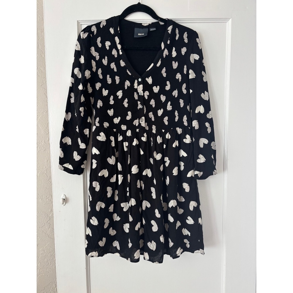 Maeve Anthropologie Black Heart Print Smocked Mini Dress MP Medium Petite Lined